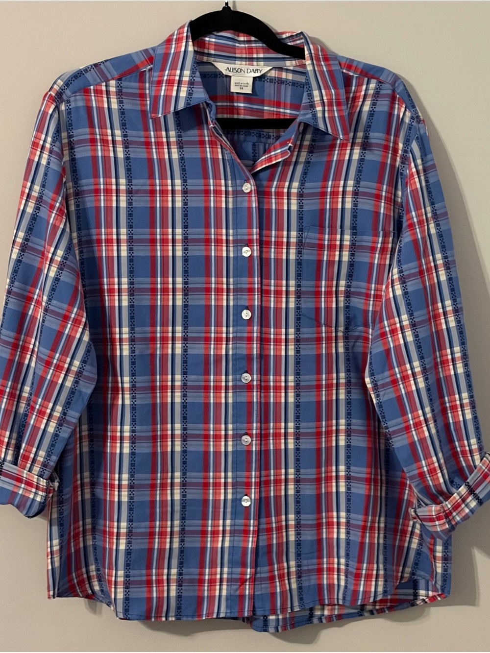 Alison Daley Women's 14 Plaid Button Down Shirt Blue Red White Cotton Blend